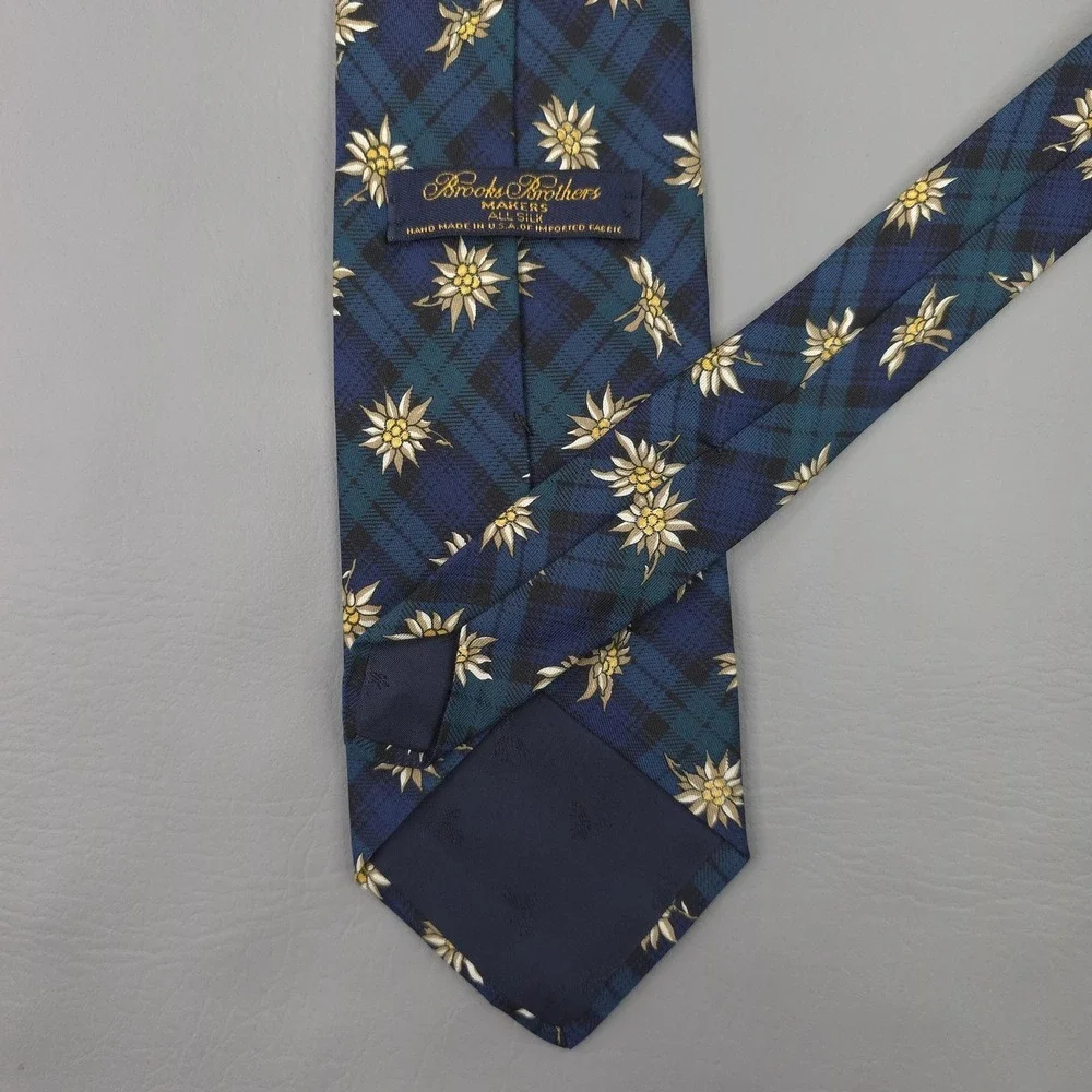 Brooks Brothers Tie Mens Blue Silk Tartan Plaid Edelweiss Floral‎ USA Necktie